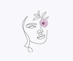 Woman Nature Line Drawing, Abstract Face With Flowers And Leaves vector
