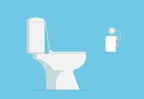 White modern ceramic water closet bowl and soft toilet paper roll on holder. WC flat vector eps illustration
