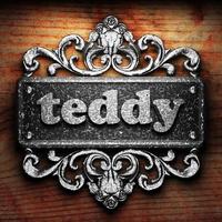 teddy word of iron on wooden background photo