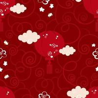 Chinese red seamless pattern with air lanterns and sakura. Flat vector traditional background