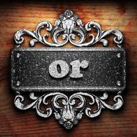 or word of iron on wooden background photo