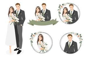 logotipo de corona de pareja de boda joven de dibujos animados lindo en corona de camelia blanca vector