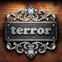terror word of iron on wooden background