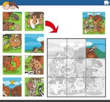 jigsaw puzzle game with cartoon wild animal characters vector