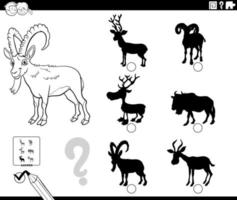 shadows task with cartoon ibex animal coloring book page vector