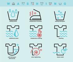 Set of washing and laundry icons. Such Symbols include topics such as adding water, steam wash, hot wash, extra spin and so on. Colorful wash icon set. Editable Stroke. Logo, web and app. vector