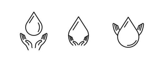 Same and thickness water and hand icons. Design that catches the water drop in the air. The reflection of the hand in the water drop. Hands angel wing view. Ideal for logo design. vector