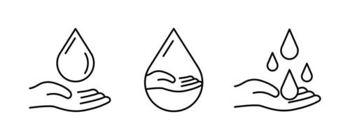 iconos de agua y mano iguales y gruesos. diseño que atrapa la gota de agua en el aire. el reflejo de la mano en la gota de agua. ideal para el diseño de logotipos. vector