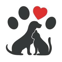 perro y gato en el fondo de patas con corazón vector