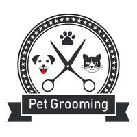 Dog and cat haircut emblem for salon in circle with stars and banner vector