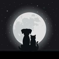 gato con un perro sobre un fondo del cielo nocturno con estrellas y la luna vector