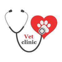 Stethoscope illustration with animal paw print symbol and hearts.
