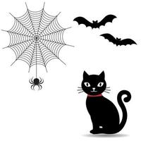 illustration of a black cat with cobwebs and bats