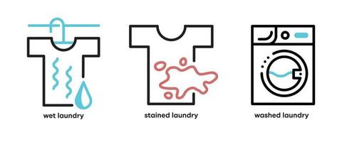 conjunto de iconos de lavado y lavandería. dichos íconos incluyen temas como ropa sucia, ropa sucia y lavadora. conjunto de iconos de lavado colorido. trazo editable. logotipo, web y aplicación y diseño de iconos similares. vector