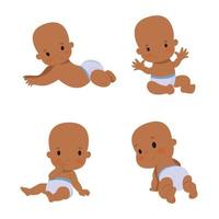 baby sitting in four different poses, set of dark newborn baby in diaper with different emotions and in different poses isolated vector on transparent background