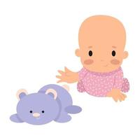 Baby girl in pink pajamas reaches for her cute teddy bear toy vector