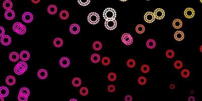 Dark pink, yellow vector background with covid-19 symbols.