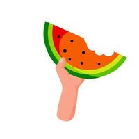 Hand hold watermelon. Piece of sliced fruit. vector