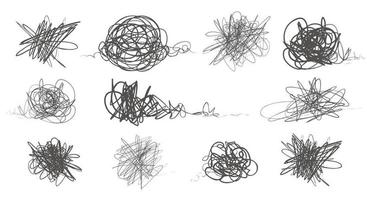 Tangled abstract scribble with hand drawn line set. Doodle elements. vector drawn tangles, lines, circles. Black line abstract scribble shape. tangled chaotic scribble drawing.