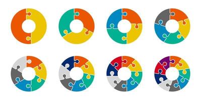 Jigsaw Infographic pie chart set. Cycle collection 2,3,4,5,6,7 and 8 section Circle vector