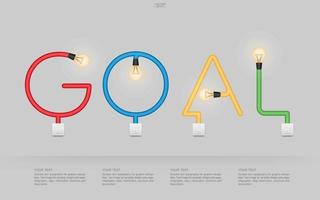 GOAL - Abstract linear alphabet of light bulb and light switch on gray background. Lamp and switch with area for infographic and text. Vector. vector