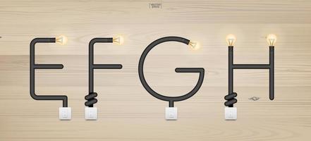 E,F,G,H - Set of loft alphabet letters. Abstract alphabet of light bulb and light switch on wood background. Vector. vector