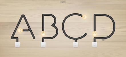 A, B, C, D - Set of loft alphabet letters. Abstract alphabet of light bulb and light switch on wood background. Vector. vector