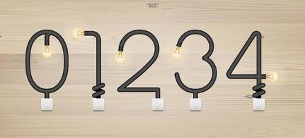 Set of loft alphabet and numbers. Abstract alphabet of light bulb and light switch on wood background. Vector. vector