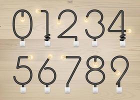 Set of loft alphabet and numbers. Abstract alphabet of light bulb and light switch on wood background. Vector. vector