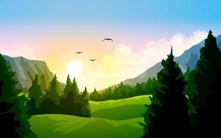 Gradient mountain sunrise landscape with flying birds