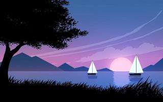 Boats at sunset flat landscape illustration