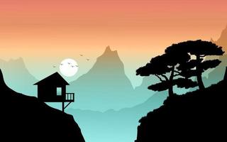 paisaje de montaña al atardecer con cabaña vector