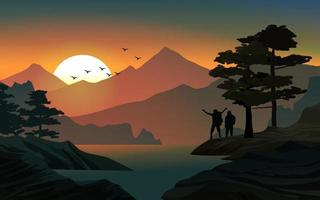 tranquil mountain river at sunset vector