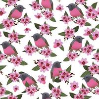 Pink flora and beautiful bird seamless pattern vector