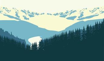 Landscape with green silhouettes of mountains, hills and forest and clouds in the sky  vector illustration