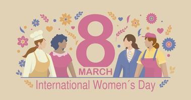 Greeting Card of INTERNATIONAL WOMEN S DAY. Group of professional women surrounded by flowers and hearts in pink, blue and yellow. Vector image