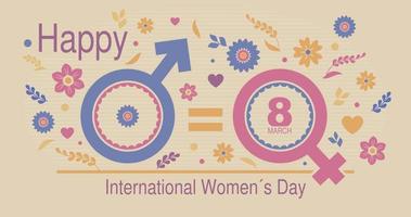 Greeting Card of INTERNATIONAL WOMEN S DAY. Symbols of equality man with woman surrounded by flowers and hearts in pink, blue and yellow. Vector image