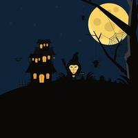 Witch and cat with scary house at the night vector illustration. Halloween concept