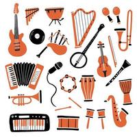 conjunto dibujado a mano de diferentes tipos de instrumentos musicales vector