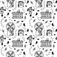 Seamless pattern with mill, flour and scarecrow, hand-drawn doodle-style elements. Kid-inspired background with cute animals, a stuffed animal, and a mill with a heart. vector