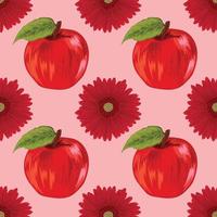 apple and red flower hand draw fruit pattern vector