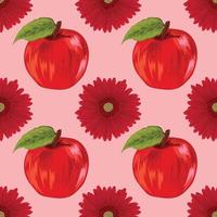 apple and red flower hand draw fruit pattern vector