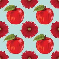 Manzana y flor roja dibujan a mano frutas sin costuras vector