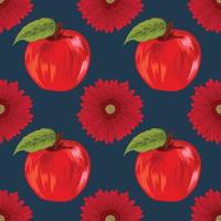 manzana y flor roja dibujar a mano fruta vector sin costuras