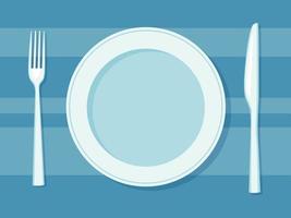 Empty white plate, fork and knife on a blue tablecloth. Vector illustration in a flat cartoon style.
