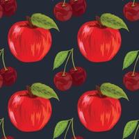 hand draw apple and cherry fruit pattern vector