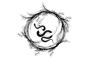 serpiente negra en la mágica luna creciente mística en corona de ramas. geometría sagrada, símbolo de la diosa wiccan pagana celestial. signo, tatuaje, círculo de energía, estilo boho, vector aislado en fondo blanco