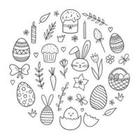 conjunto dibujado a mano de feliz doodle de pascua. conejito de pascua, pollo, huevos, ramas, tulipanes en estilo boceto. diseño para plantilla de tarjeta, decoraciones navideñas. Ilustración de vector aislado sobre fondo blanco.