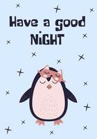 Little cute sleeping penguin in a mask. Vector cartoon illustration. Use for card, poster in nursery, print