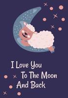 Little cute sheep sleep on moon. Vector cartoon illustration. Use for card, poster in nursery or print
